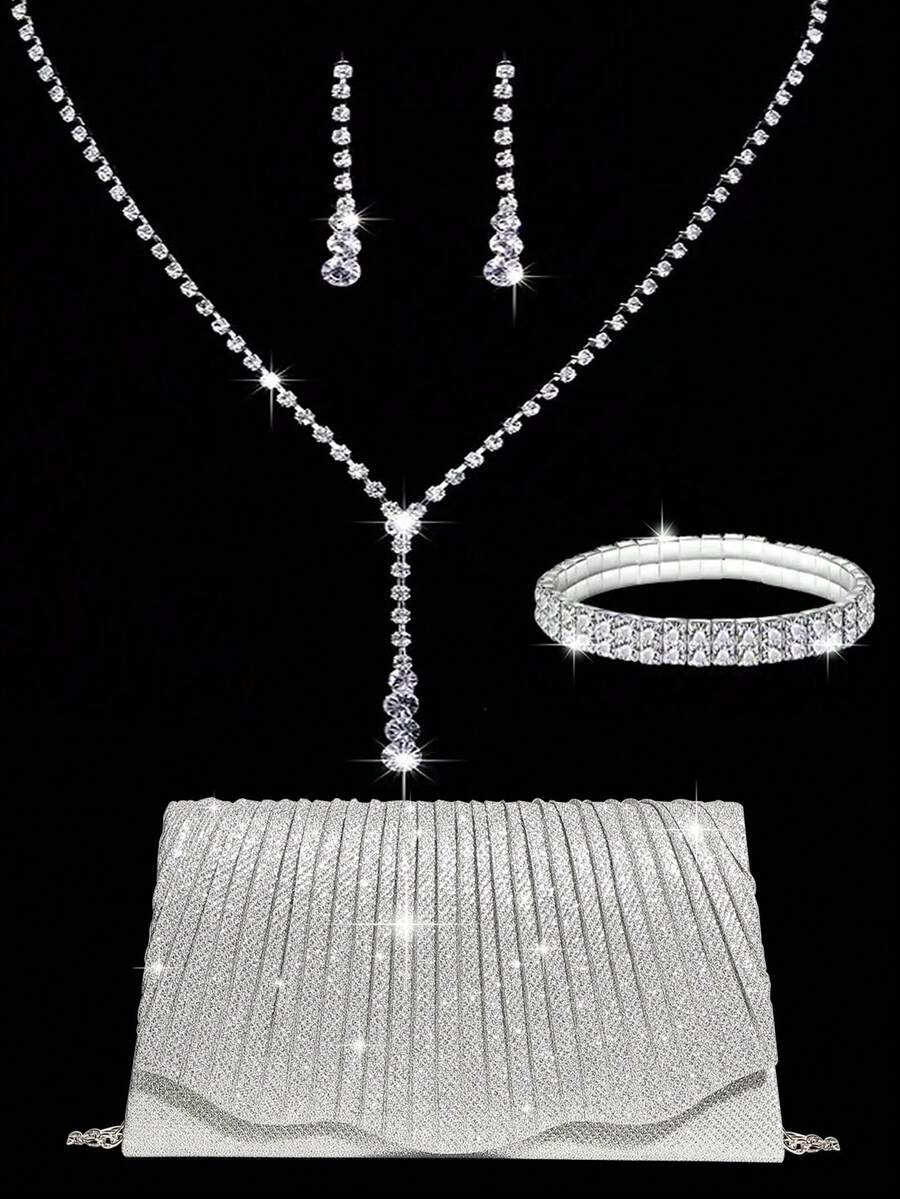 Rhinestone Jewelry Bling Necklace Earrings Bracelets Set For Luxury Envelope Clutch Bag For Party, Romantic Wedding, Spring/Summer Chain Shoulder Bag, Bride Bag, Formal Prom Clutch, Elegant Evening Dress Bag - Silver - View 1