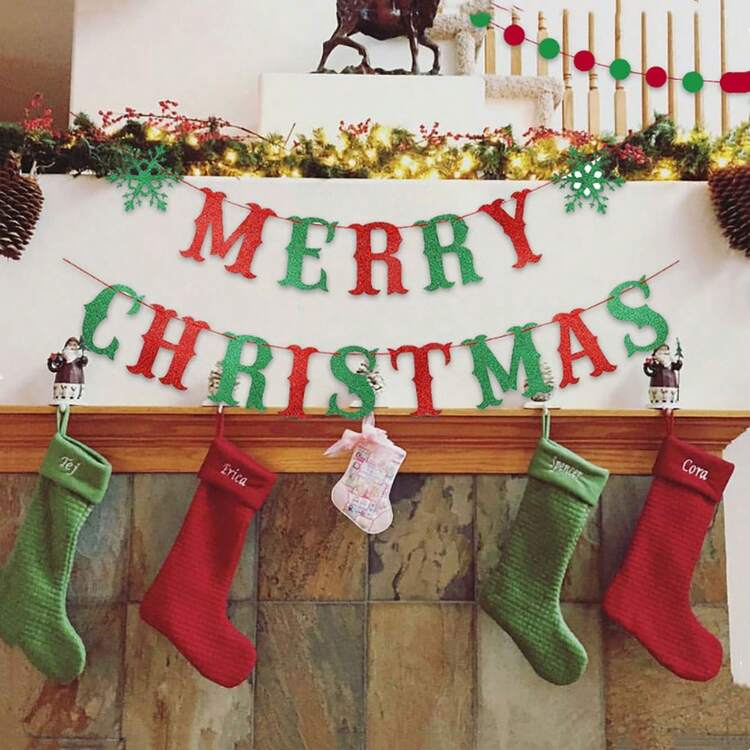 圣诞派对装饰横幅 - 红色和绿色闪光拉旗，家庭客厅圣诞树新年户外草坪装饰圣诞快乐字母横幅 - 彩色 - 查看 5