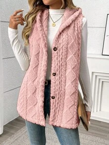 Women's New Autumn/Winter Solid Color Sleeveless Hooded Coral Fleece Jacket - Pink - View 5