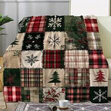 1 pieza Manta de franela navideña, manta suave y acogedora con estampado de parches a cuadros, copos de nieve y bayas de pino, para sofá, cama, coche, oficina, camping, regalo para todas las estaciones, colores mixtos, poliéster tejido, impresión digital, estilo retro