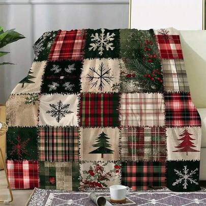 1 pieza Manta de franela navideña, manta suave y acogedora con estampado de parches a cuadros, copos de nieve y bayas de pino, para sofá, cama, coche, oficina, camping, regalo para todas las estaciones, colores mixtos, poliéster tejido, impresión digital, estilo retro