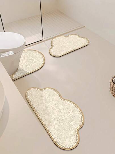 1/3件套浴室防滑吸水垫，云朵花卉图案硅胶浴室垫套装，U型马桶垫和底座垫，2.5毫米厚，浴室厨房装饰圣诞装饰厨房地毯