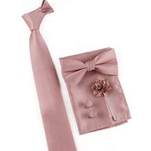 ZONFAZ Bộ 5 món phụ kiện vest nam cổ điển màu trơn cà vạt + nơ + khăn bỏ túi + khuy măng sét + ghim ve áo, thích hợp cho đám cưới, sự kiện trang trọng và mặc hàng ngày - Bụi hồng - Xem 4