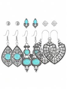 TopHanqi Bộ 54/24/6 khuyên tai tông bạc Bohemian cổ điển dành cho nữ, khuyên tai dạng đinh tán rỗng hình học bằng hợp kim kẽm, đa năng để đeo hàng ngày, dự tiệc, đi làm, mọi mùa - Màu Bạc Cổ - Xem 7