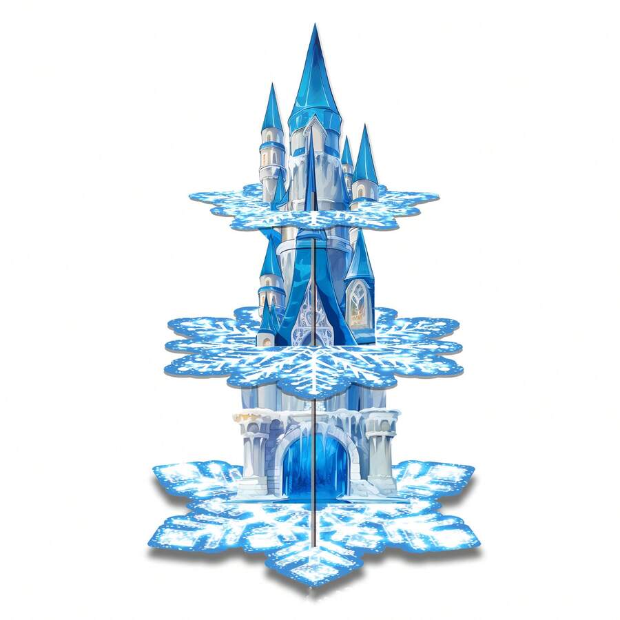 1件装雪花冬季卡通城堡造型蛋糕桌浪漫生日派对三层蛋糕桌甜点架甜点托盘 - 彩色 - 查看 1