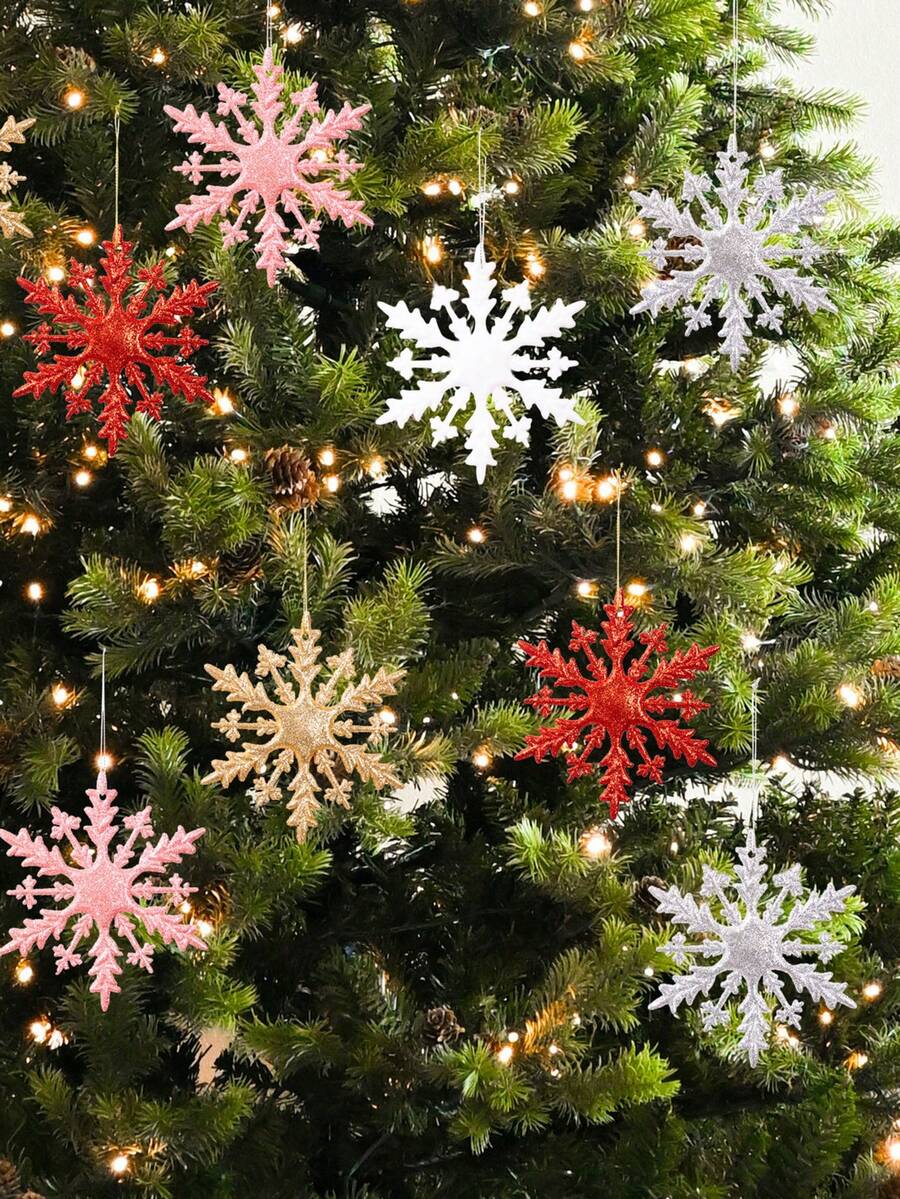 6件套圣诞节雪花装饰吊坠，五种颜色可选：红色、金色、灰色、粉色和白色。圣诞树吊坠，适用于圣诞装饰、圣诞树摆设、圣诞礼物、客厅、卧室、书房装饰以及节日送礼。 - 彩色 - 查看 1