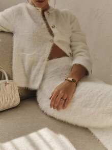 女士优雅休闲纯色两件套，时尚街头蓬松长袖单排扣开衫和裙子针织套装，秋冬 - 白色 - 查看 10