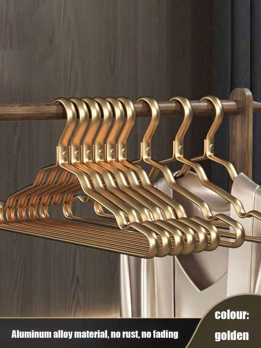 1/5/10pcs Golden Metal Hangers, Non-Slip Coat & Suit Hangers, Durable Wardrobe Organizer+For Dresses, Laundry Room Storage Solution Suitable For Suits & Coats, Space-Saving Stacking Dress Pants Shoes Jeans Boots Skirt,Spring,Minimalist,Summer Tops-Autumn Wardrobe Decorations - Wardrobe Storage - Clothes Storage Tools - Hangers