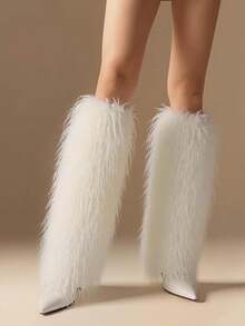 Stiletto High Heel Women Knee High Boots Furry Fluffy Fashion Luxury Sexy Elegant Nightclub Halloween Winter Snow Shoes For Woman - 白色 - 查看 3