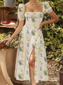 Women's Floral Print Dress With Square Neck, Floral Print, Tie Front - 白色 - 查看 3