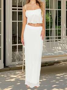 Womens Two Piece Summer Outfits Sleeveless Ruffle Hem Cami Tops And Long Skirt Set Beachwear - 白色 - 查看 3