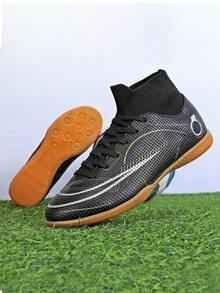 男士足球鞋，专业高帮足球鞋，室内五人制训练鞋 - 黑色 - 查看 4