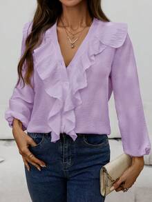 女士时尚优雅休闲荷叶边V领长袖衬衫，春秋季 - 紫色 - 查看 3