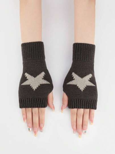 1双儿童针织露指星星手套，温暖，适合3-8岁学生，秋冬季