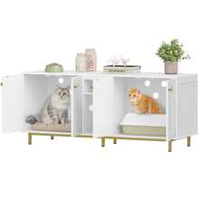 HaluPeit Cat Cabinet For 2 Cats, Litter Box Cabinet, Hidden Cat House With Double Rooms, With Storage Space, Plush Balls, Can Be Used As A TV Cabinet, 140 X 48 X 62 Cm, White And Gold - 白色 - 查看 10