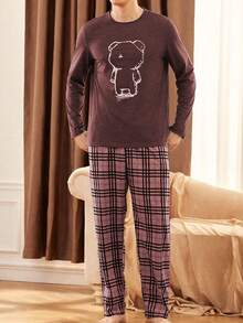 Herbst- und Winterpyjamas für Herren mit rundem Ausschnitt, Bärenmuster-Muster, Langarm-Oberteil & karierter Muster-Hose, lässiger, einfacher Zweiteiler-Hausanzug