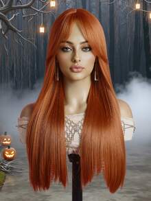 24英寸橙色高温丝假发，带刘海，优雅玫瑰网帽，外观自然，耐热，适合各种肤色，可用于万圣节和圣诞节。 - 橘色 - 查看 3