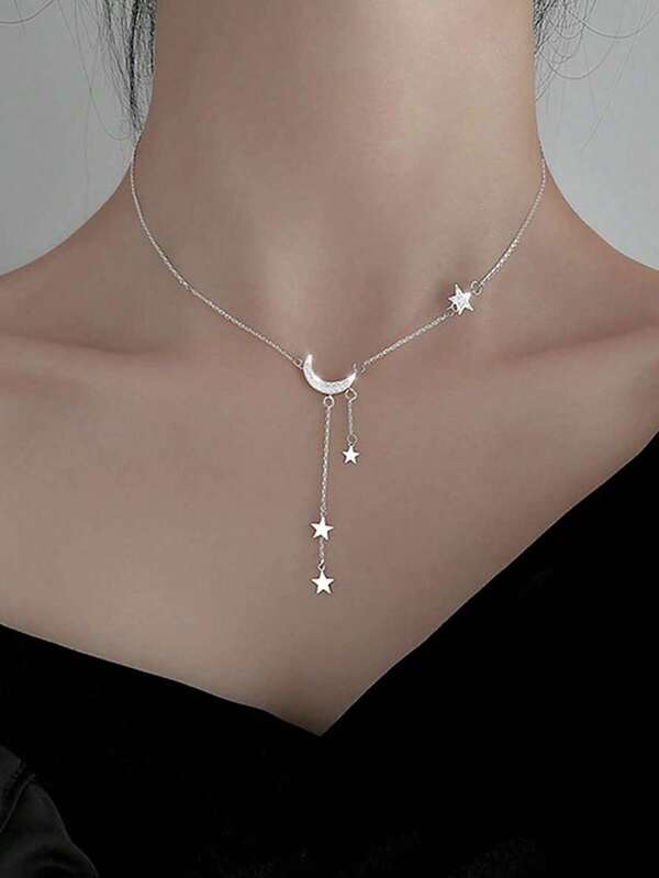 1pc Exquisite Bling Silver Color Tassel Star Moon Necklace For Women Clavicle Chain Woman Jewelry Birthday Gift Accessories