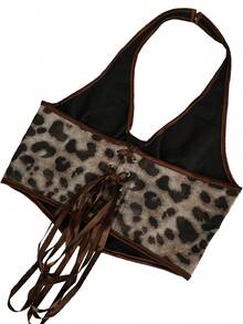 豹纹性感V领上衣，前系带镂空设计，后系带，适合派对/节日休闲夏季穿着 - 彩色 - 查看 5