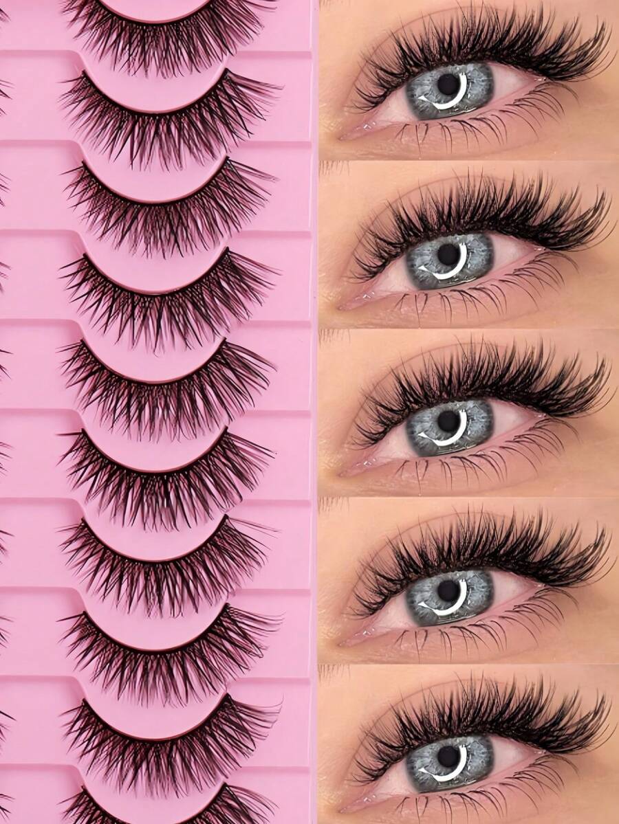 10 Pairs Of 6-14mm False Eyelashes! Curly And Thick Super Adhesive -3D, Reusable, Soft, Lightweight, Artificial Mink Eyelash, Suitable For Date/Travel/Photography, Amplify Your Eyes To Show Vitality, Exquisite Eye Makeup, No Style Selection - 濃密款 - 查看 1