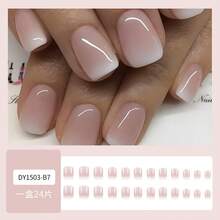 24pcs Short Square Press On Nails, Glossy French Ombre Gradient False Nails, Natural Nude White Fake Nails Kit With Jelly Glue & File - hồng - Xem 8