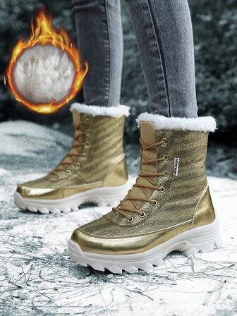 1双女士时尚亮片保暖加厚羊毛雪地靴，适合冬季户外活动，高帮户外休闲徒步鞋