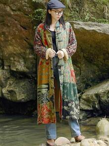 LUZU JUNU Women's Trench Coat Floral Print Long Cotton Linen Jacke Cottagecore Clothing Patchwork Outwear Bohemian Unique - 綠色毛絨襯裡 - 查看 6