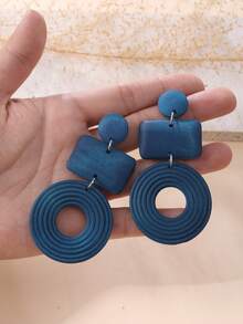 Natural Geometric Wooden Patchwork Long Earrings, Suitable For Beach, Party, Travel, Holiday, Daily Wear And Gift - Navy Blue - View 2