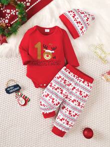 3件套新生男宝宝休闲针织熊猫印花长袖连体衣+熊猫印花裤子+帽子套装 - 紅色 - 查看 3