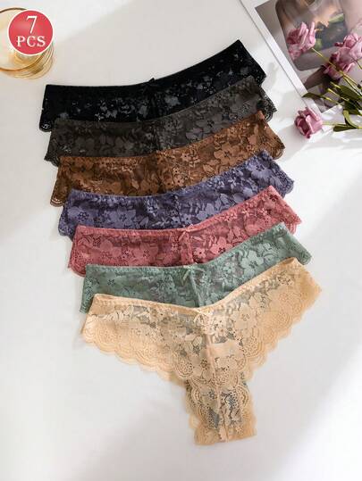 7pcs/Pack Women's Multicolor Floral Lace Low-Rise Bikini Panties