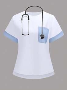 cimmuovere Damen Kontrast V-Ausschnitt Kurzarm Taschen Lässig Pflege Uniform Frostoptik Oberteil