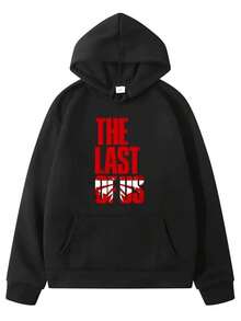 The Last Of Us Graphic Hoodie - Black Casual Pullover With Red & White Print, Loose Fit, Long Sleeves, Drawstring Hood, Polyester Blend For Fall/Winter, Everyday Comfort Apparel | Bold Graphic Hoodie | Polyester Blend Hoodie,Fall Hoodies,Men's Fall Clothes,Street Wear,Halloween,Mens Hoodies,Y2k Clothes,Jesus Hoodie,Thanksgiving Day,Nightmare Before Christmas,Christmas - Black - View 1