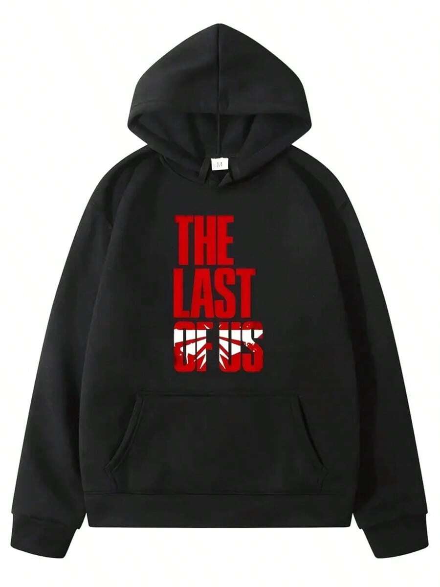 The Last Of Us Graphic Hoodie - Black Casual Pullover With Red & White Print, Loose Fit, Long Sleeves, Drawstring Hood, Polyester Blend For Fall/Winter, Everyday Comfort Apparel | Bold Graphic Hoodie | Polyester Blend Hoodie,Fall Hoodies,Men's Fall Clothes,Street Wear,Halloween,Mens Hoodies,Y2k Clothes,Jesus Hoodie,Thanksgiving Day,Nightmare Before Christmas,Christmas - Black - View 1