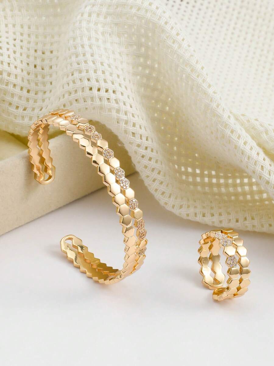 2 件套奢华蜂巢锆石开口戒指和手链套装，适合女性节日佩戴