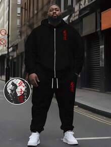 Conjunto de sudadera con capucha y pantalón de chándal con estampado gráfico de samurái para hombre de talla grande, otoño/invierno
