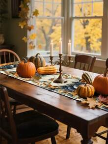 1pc Line Autumn Table Runner - Vibrant Fall Design With Orange, Blue, And White Pumpkins, Daisies, And Leaves - Perfect For Thanksgiving Kitchen Or Dining Room Decor 13x35.4/47.2/63/72/78.7 Inches