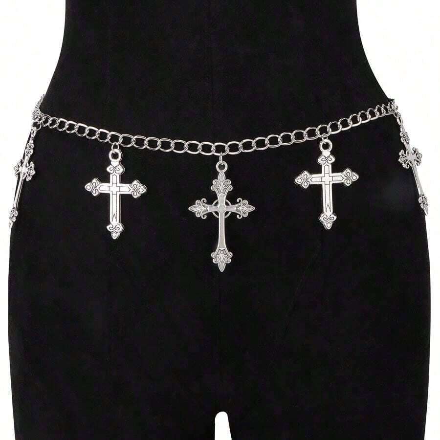 1pc Waist Chain Belt, Versatile Punk Gothic Fashion Waist Accessoriessummer School Fall, Autumn, Halloween - Chữ thập bạc Y545 - Xem 1