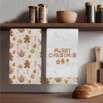 MEMNUN 2pcs Christmas Gingerbread House, Santa Claus, Christmas Tree, Snowflake, Merry Christmas Text Print Kitchen Towels, Dish Towels, Hand Towels, Dish Cloths, 15.75*23.62in(40*60cm), Super Soft Absorbent Microfiber, Modern, Christmas Decor, Home Decor, Kitchen Decor, Cooking, Baking, Tea Towels, Cleaning Supplies, Suitable For Restaurant, Kitchen, Christmas Holiday Decoration And Gifts, All Season
