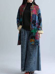 LUZU JUNU Women's Trench Coat Floral Print Long Cotton Linen Jacke Cottagecore Clothing Patchwork Outwear Bohemian Unique - 藍色夾克毛絨襯裡 - 查看 6