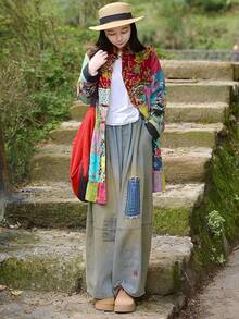 LUZU JUNU Women's Trench Coat Floral Print Long Cotton Linen Jacke Cottagecore Clothing Patchwork Outwear Bohemian Unique - 綠夾克 - 查看 5