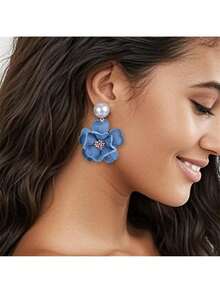 Denim Fabric Rose Flower Three-Dimensional Camellia Handmade Flower Pearl Stud Earrings Women Jewelry - 花苞#EZ5584-B - 查看 1