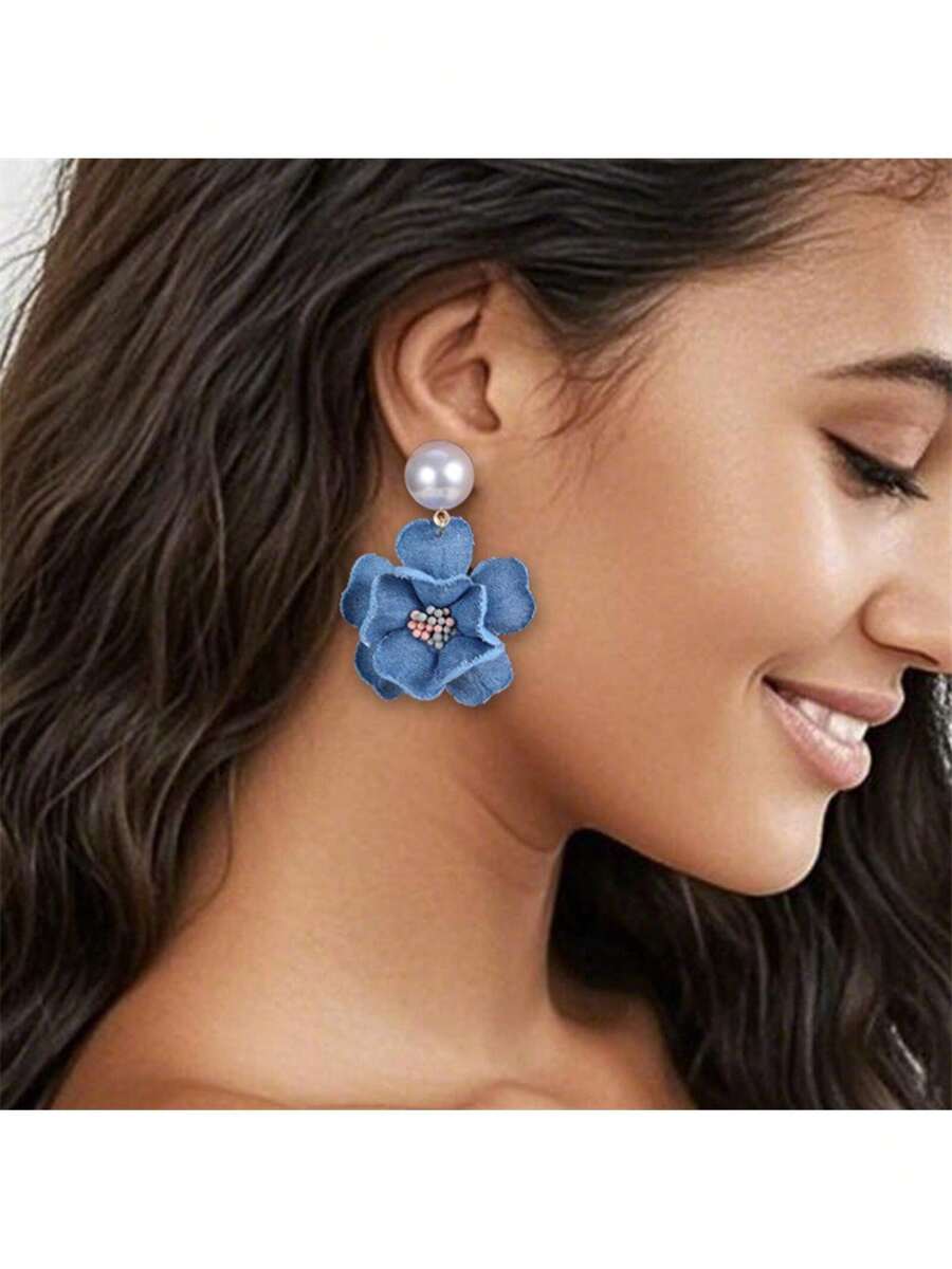 Denim Fabric Rose Flower Three-Dimensional Camellia Handmade Flower Pearl Stud Earrings Women Jewelry - 花苞#EZ5584-B - 查看 1