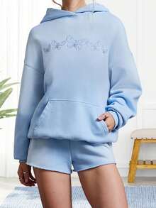 Women Fall Winter Hoodies Stylish Butterfly Embroidered Long Sleeve Pullovers Casual Loose Fit Hooded Sweatshirt Work Office Streetwear 1 Pcs 500g Rams 35% Cotton 65% Polyester Top - Blue - View 2