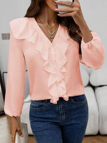 Women's Fashionable Elegant Casual Ruffle Trim V-Neck Long Sleeve Blouse, Spring/Autumn - Pink - View 6