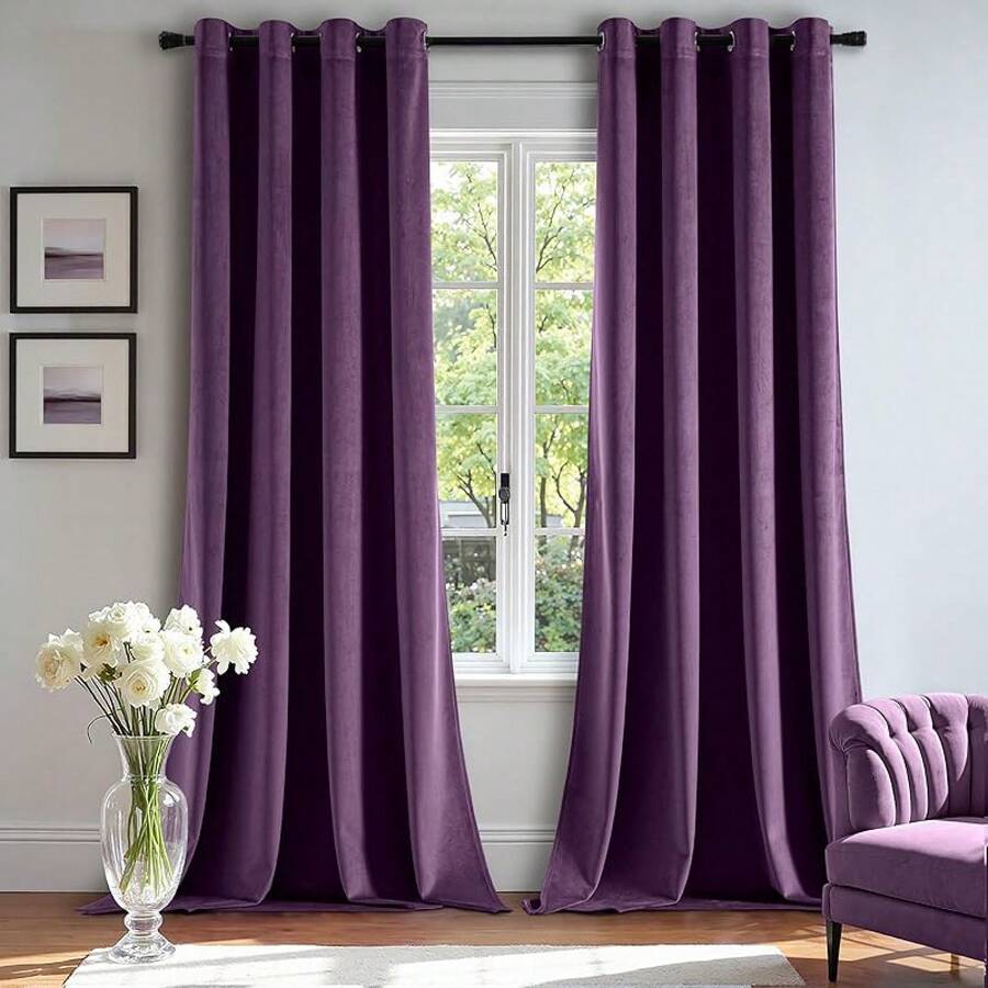 2 Panels Blackout Curtains Solid Soft Grommet Mustard Yellow Thermal Insulated Soundproof Room Darkening Curtains/Drapes/Panels Fall Living Room Bedroom 52 X 90 Inch - 紫色 - 查看 1