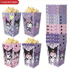 Sanrio [Caixas de Pipoca Hello Kitty] 12 caixas de pipoca Hello Kitty - Design listrado rosa e branco com motivos de coração, baldes de lanche dobráveis para festas, casamentos, aniversários, formaturas e embalagens para presentes | Design lúdico | Caixas de pipoca decorativas, para artigos de festa Hello Kitty, Natal, Halloween