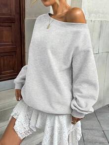 Women's Fleece Lined Off Shoulder Long Sleeve Oversized Pullover Top, Slouchy Basic Sweatshirt 8UTF - Gray - 查看 7