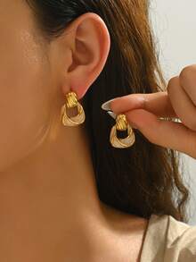 1 Pair Retro Dual-Tone Geometric Earrings, Simple Yet Stylish Design Adds Vintage Flair To Your Look - Yellow Gold - View 1