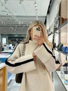 Plus Size Women's Casual Color Block Stand Collar Sweater, Elegant Pullover For New Year - Beige - View 3