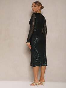 Sequined Midi Dress With Wrap Neckline And Tie - Green - View 3